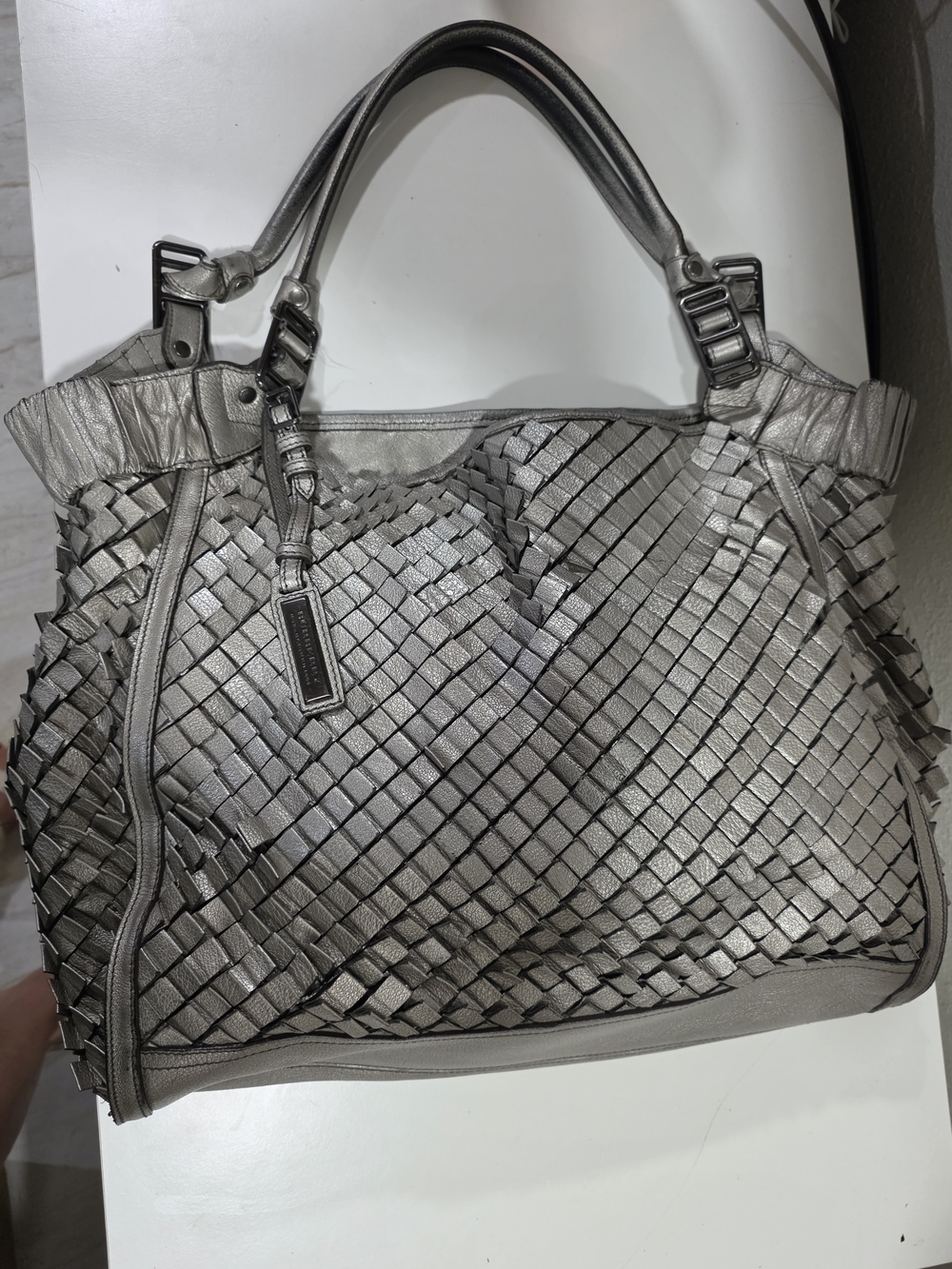 Metallic Silver Woven Tote Bag